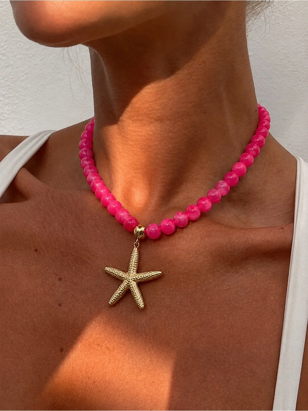 Pink Beaded Necklace with Gold Starfish Pendant